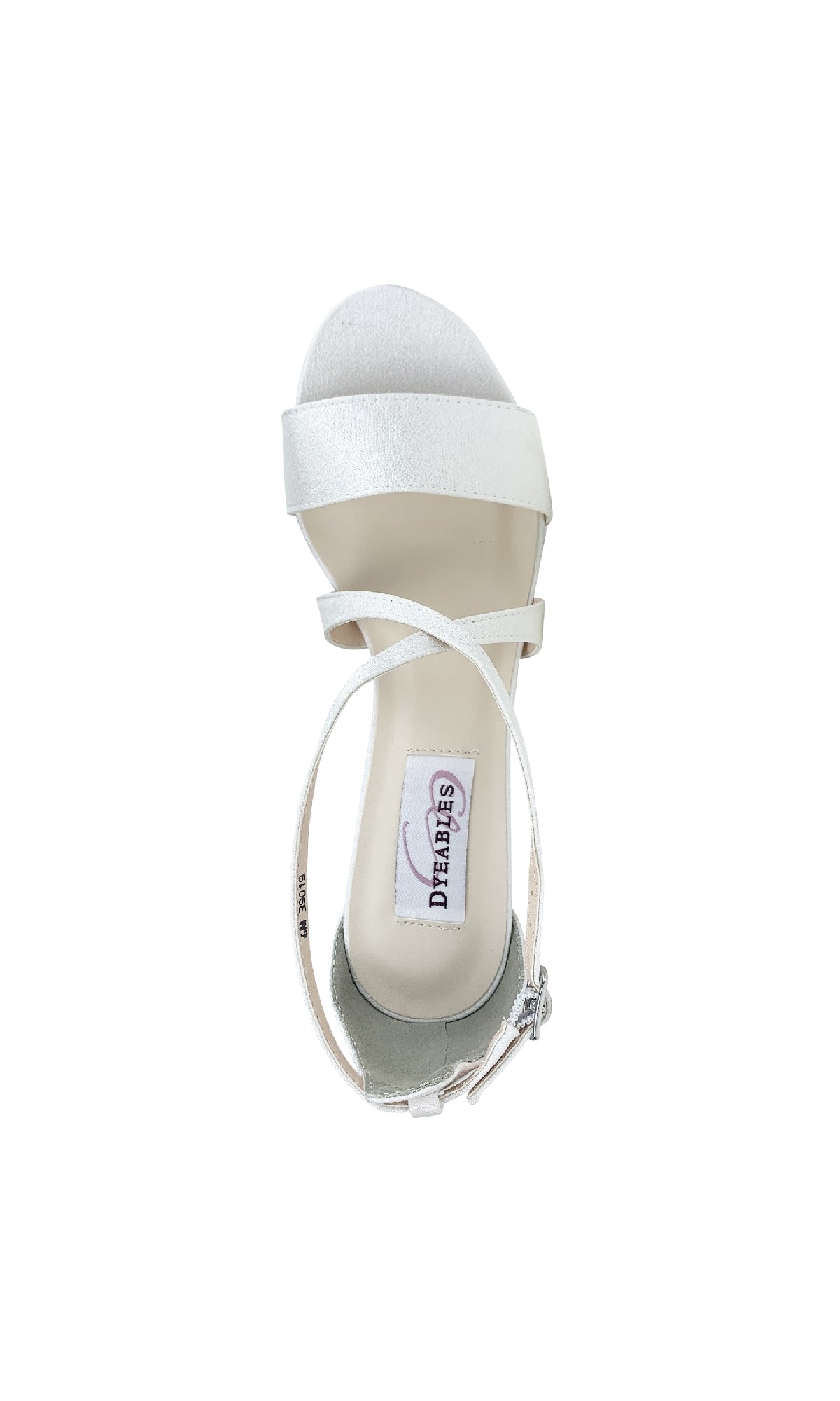 A top view of the Micah White Crepe Prom Shoes by Dyeables (style 4321), featuring double front straps, a block heel, an ankle strap with a small buckle, and the Dyeables logo on the insole.